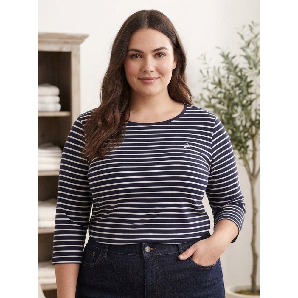 Cuffy's Cape Cod Striped 3/4 Sleeve Top Women's 3XL Navy White‎ Cotton Nautical